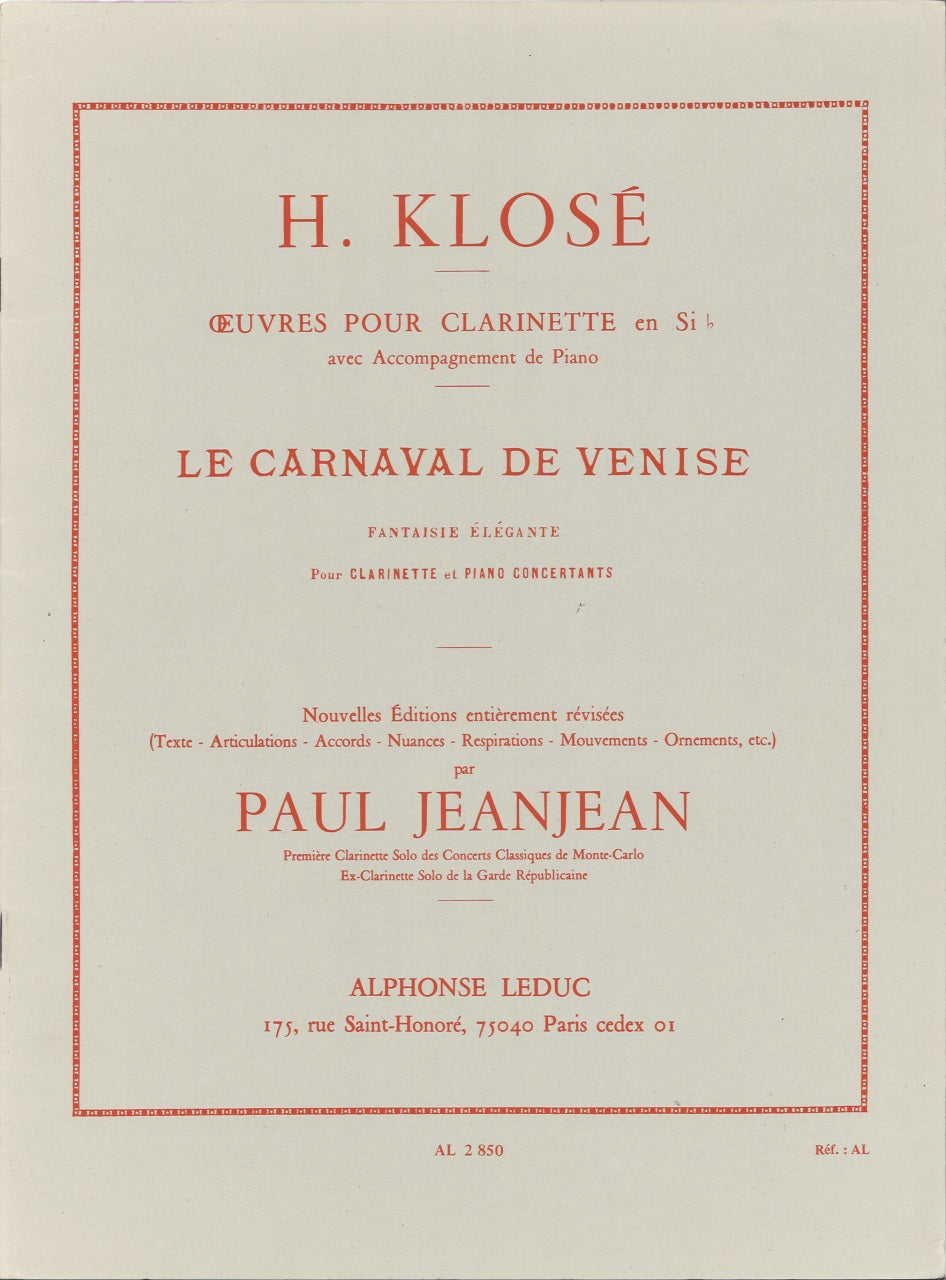 Klose, Carnaval de Venise. Fantaisie (Leduc)