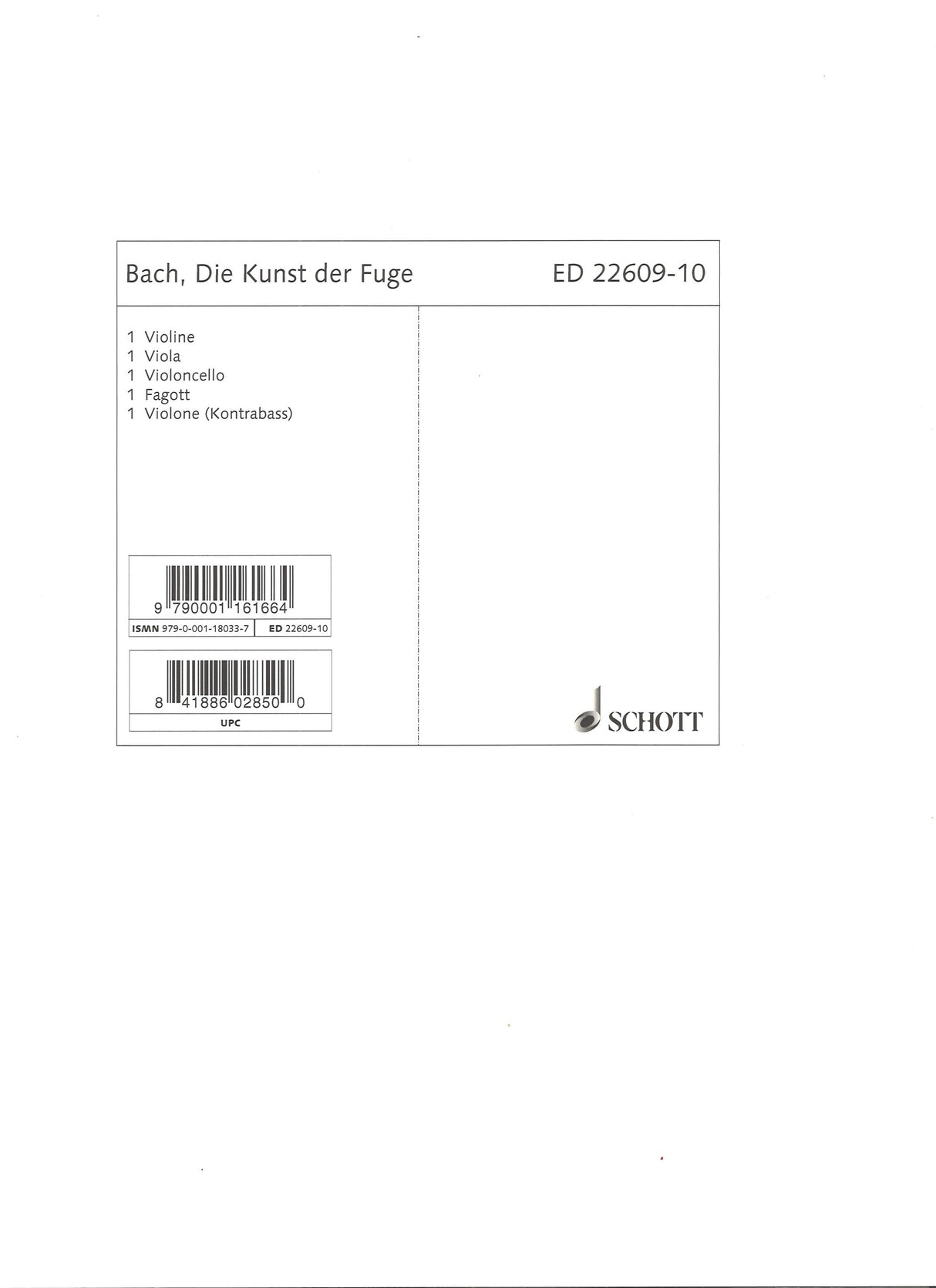 Bach, Kunst der Fuge (Parts) (Schott)