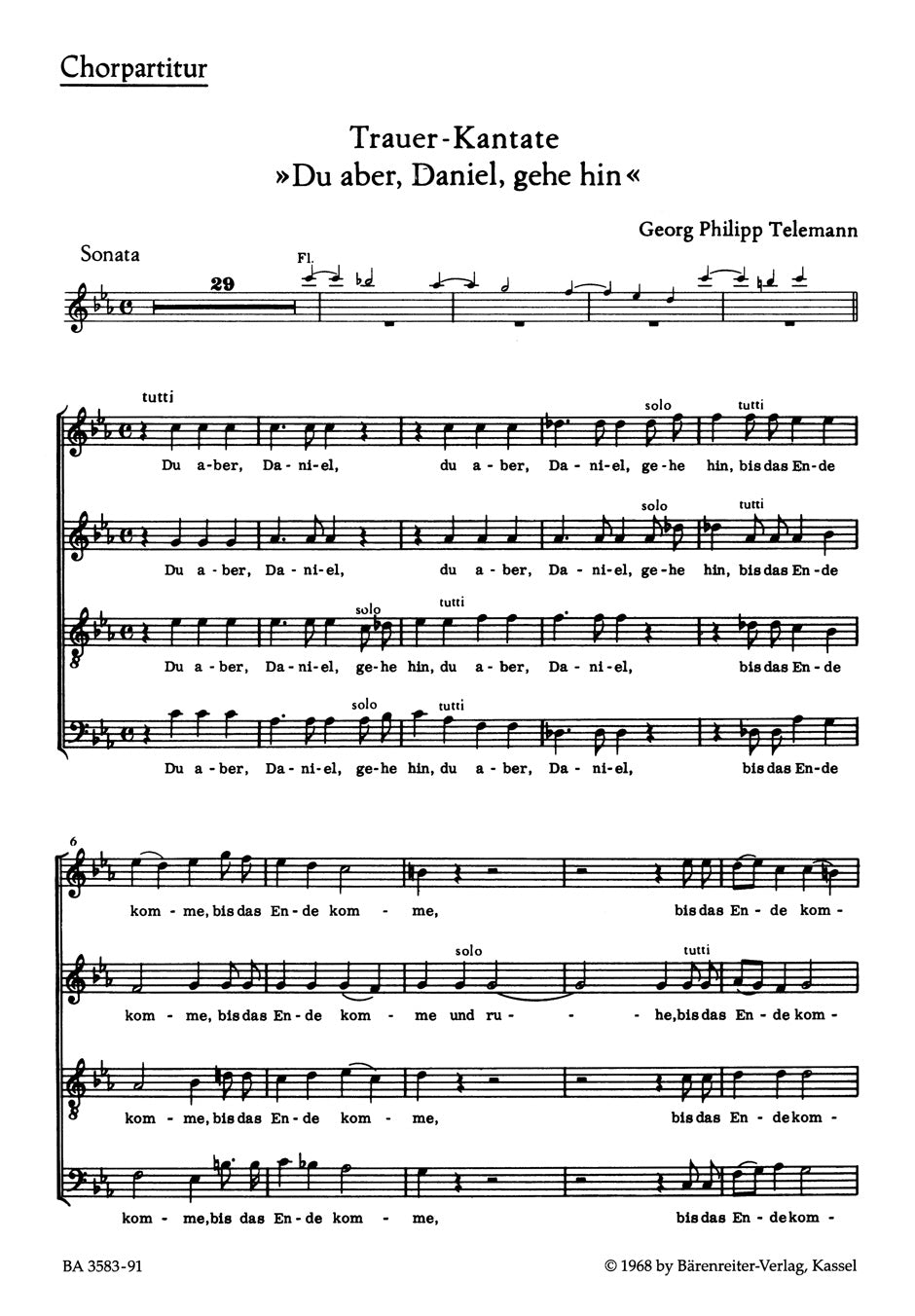 Telemann, Du aber, Daniel.. Chorus Score (Barenreiter)