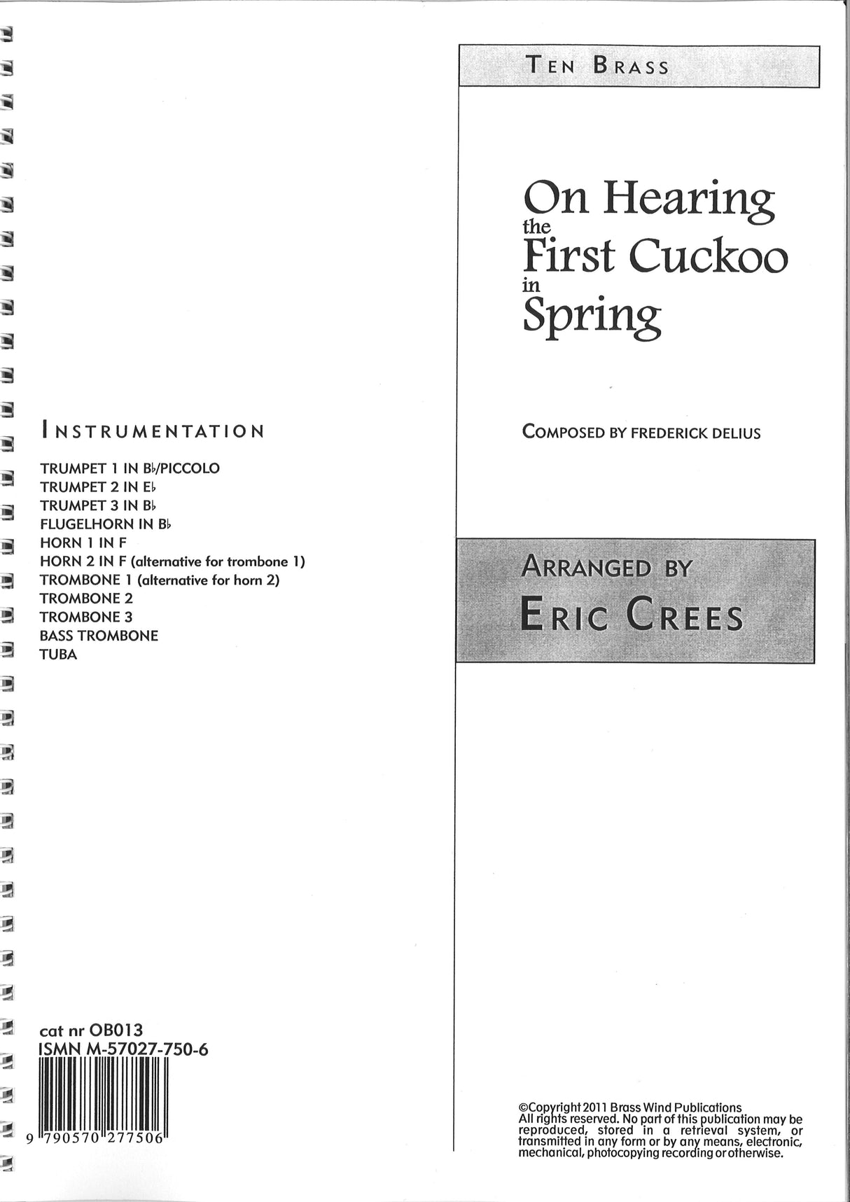 Delius, On Hearing the First Cuckoo Spri (Brass Wind Publications)