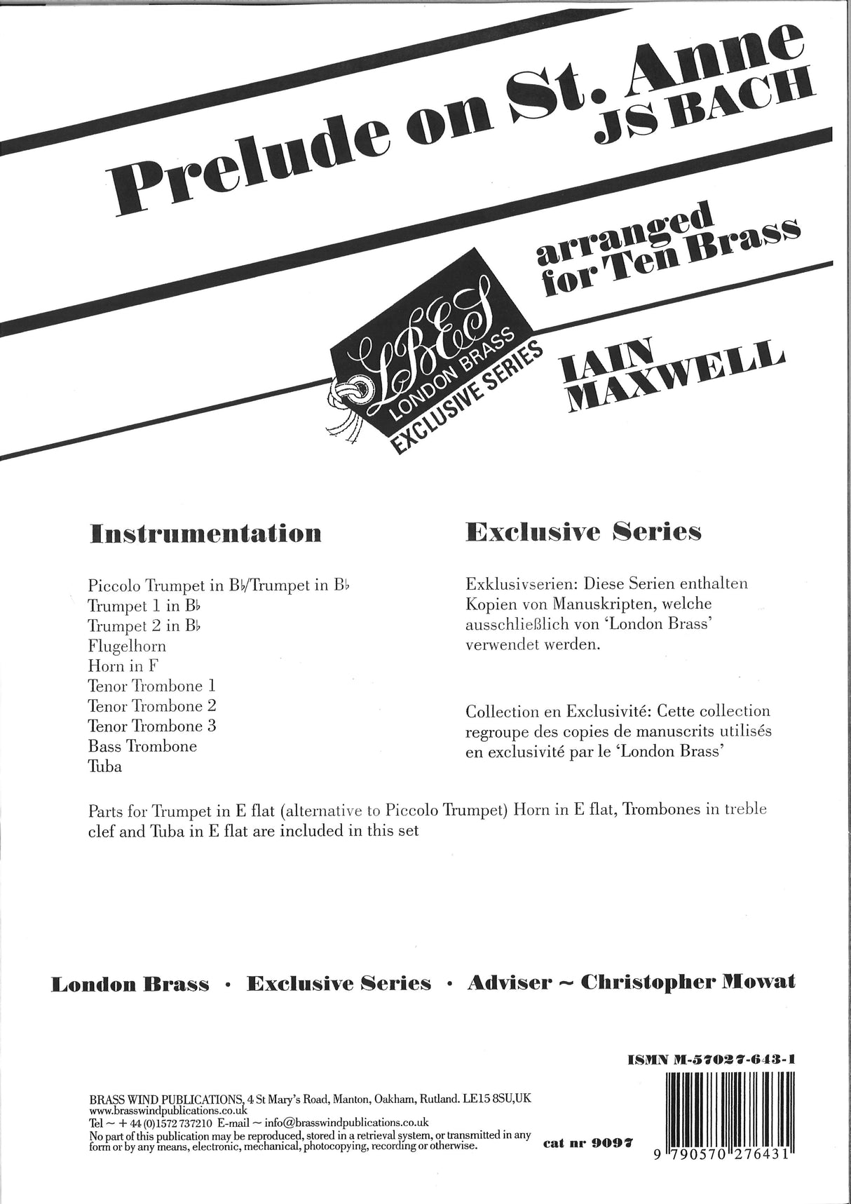 Bach, Prelude on St. Anne BWV 552 (Brass Wind Publications)