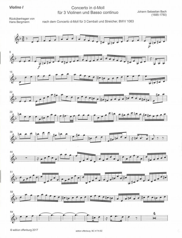 Bach, Concerto BWV 1063 in d (3Vn,Bc) (Offenburg, Edition)