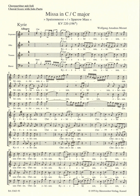 Mozart, Missa KV 220 Spatzen Choral.Scr (Barenreiter)