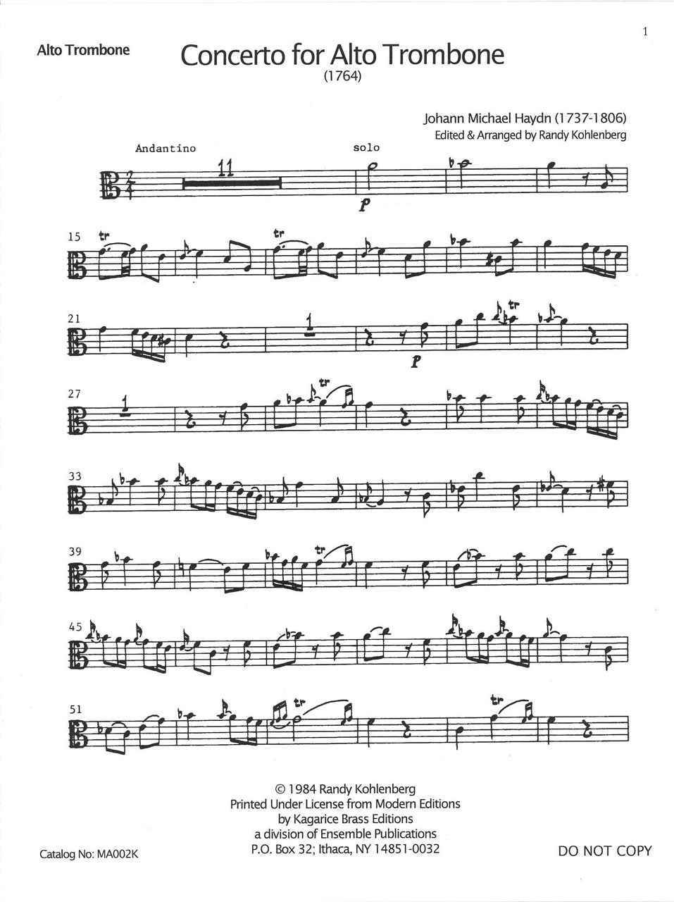 Haydn,M., Concerto for Alto Trombone (Modern Editions/Kagarice Brass Editions)