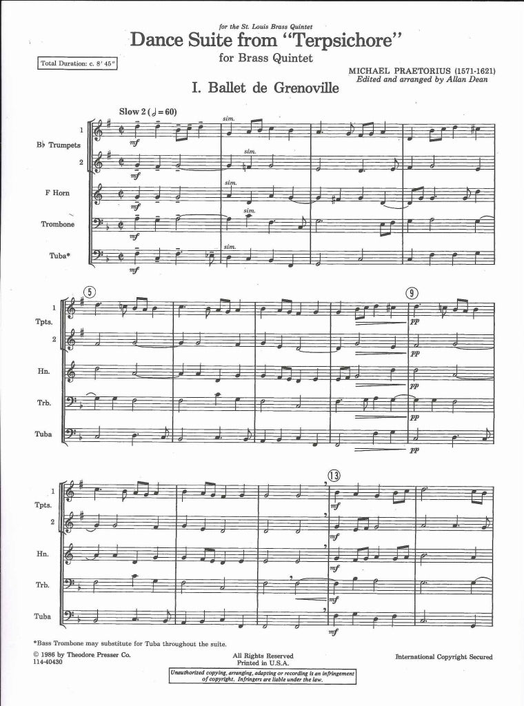 Praetorius, Terpsichore, Dance Suite (Presser)