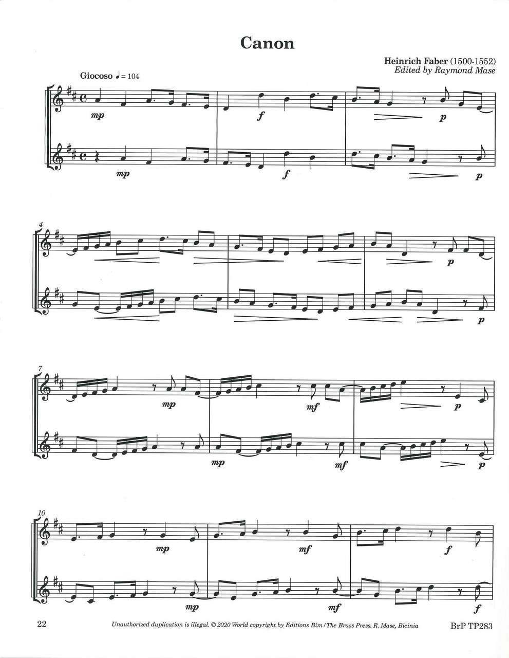 Mase, Bicinia: 25 Renaiss. Canons, Duets (Brass Press/Bim)