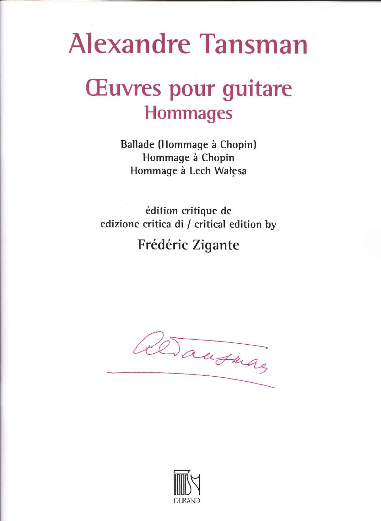 Tansman, Oeuvres pour guitare, Hommages (Durand)