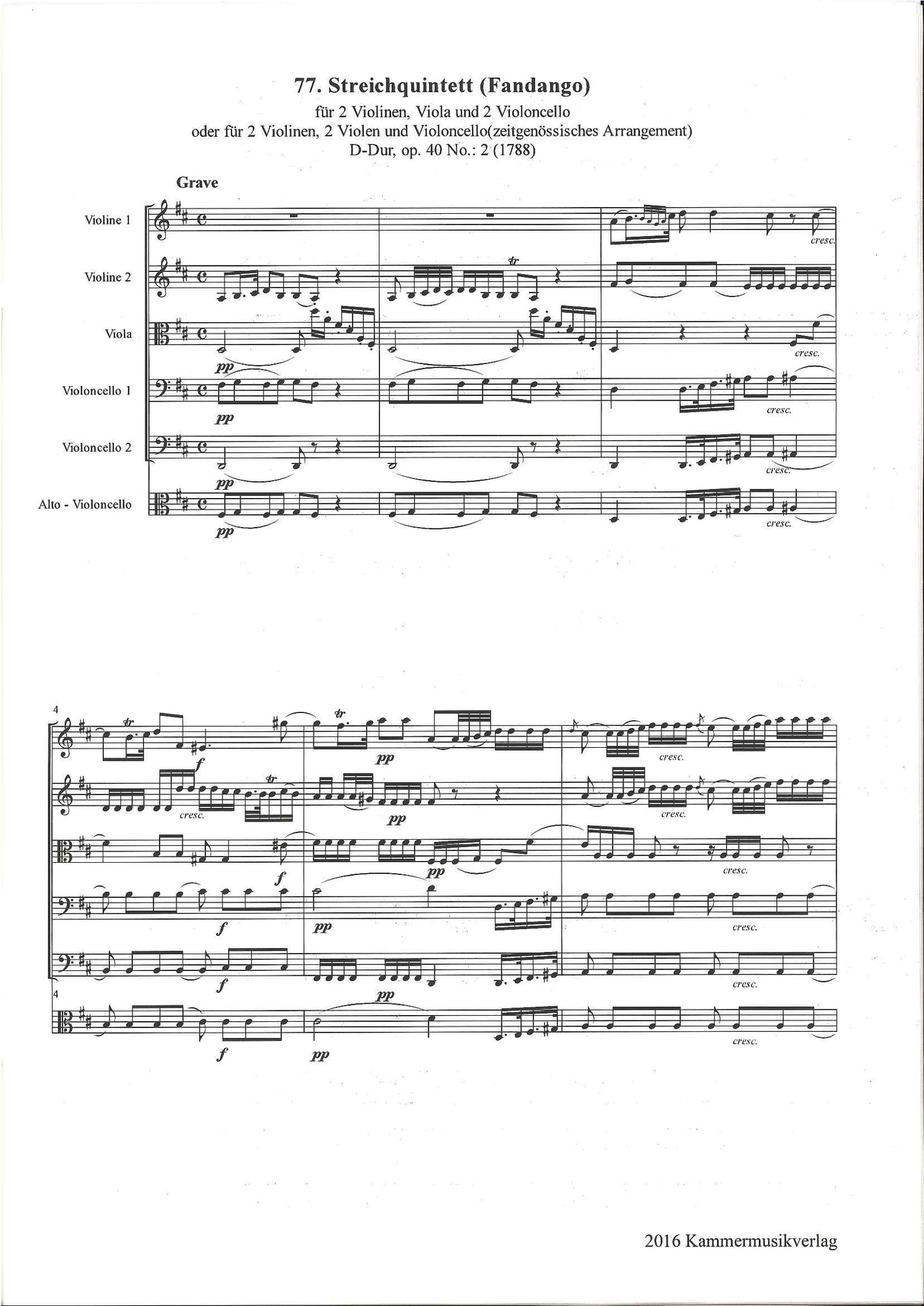 Boccherini, String Quintet G 341 in D (Kammermusik Verlag)