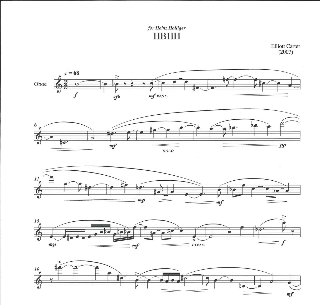 Carter, HBHH (2007), for Solo Oboe (Boosey)