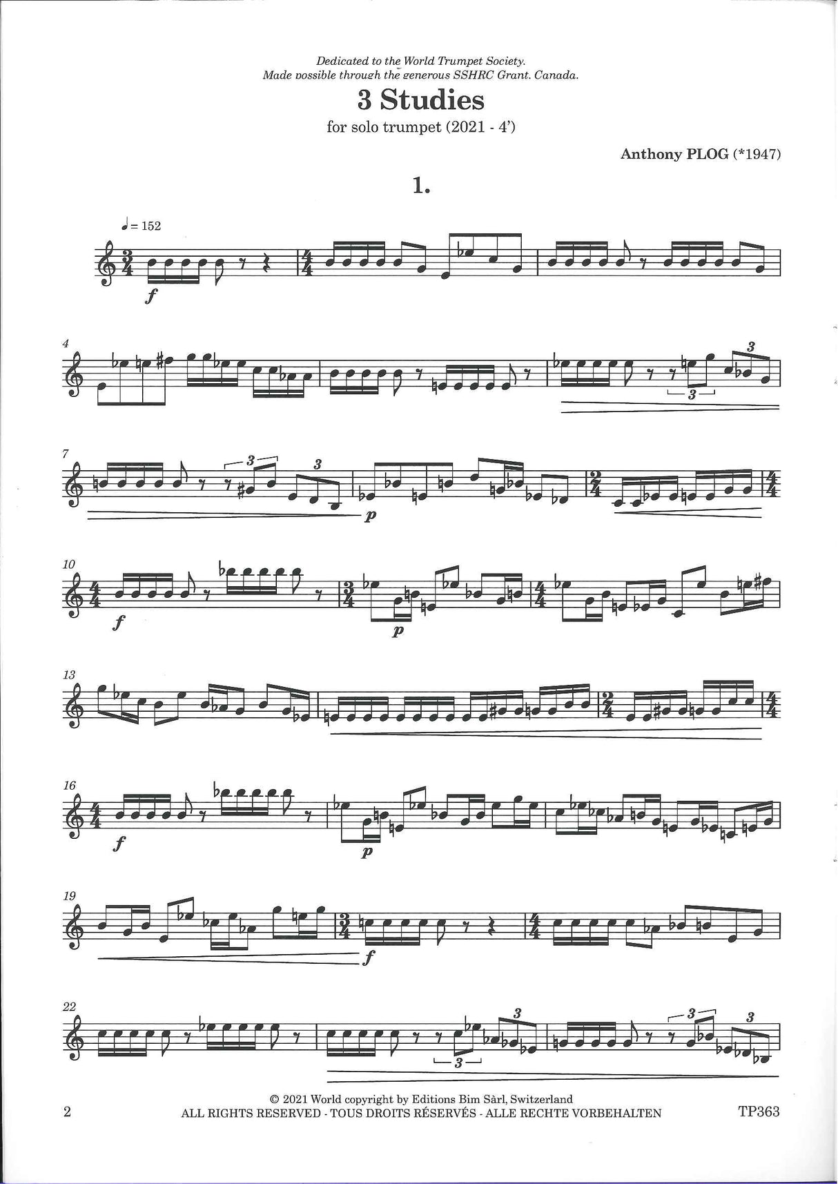 Plog, 3 Studies (2021), for Solo Trumpet (Bim)