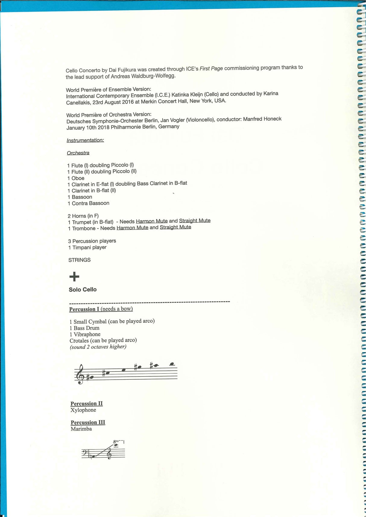 Fujikura, Concerto for Cello (Ricordi)