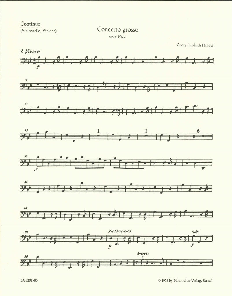 Handel, Concerto op. 3/2 Vc/CB (Barenreiter)
