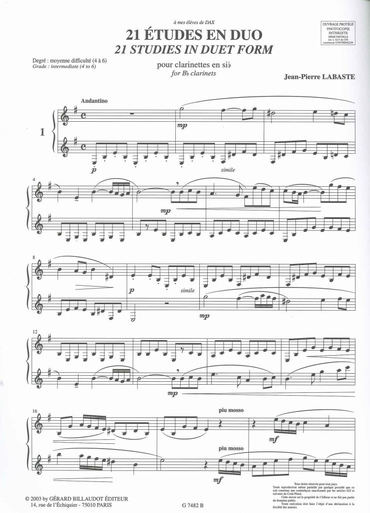 Labaste, 21 Etudes en duo (Billaudot)
