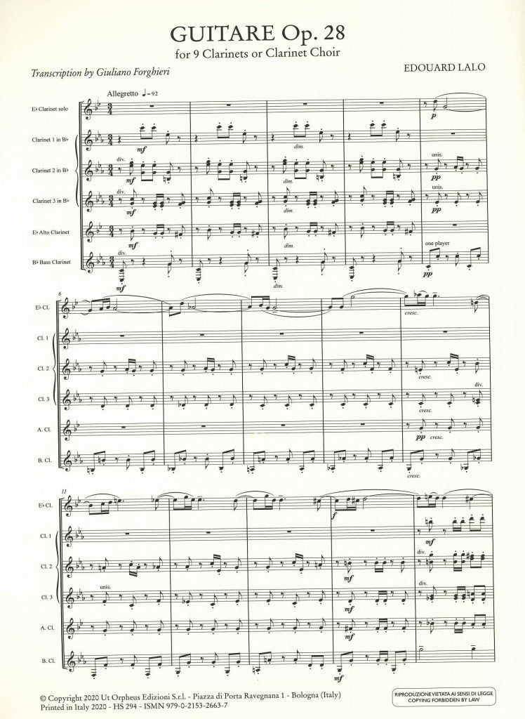 Lalo, Guitare op. 28, for 9 Clarinets (Ut Orpheus)