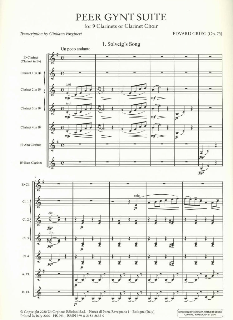 Grieg, Peer Gynt Suite, for 9 Clarinets (Ut Orpheus)