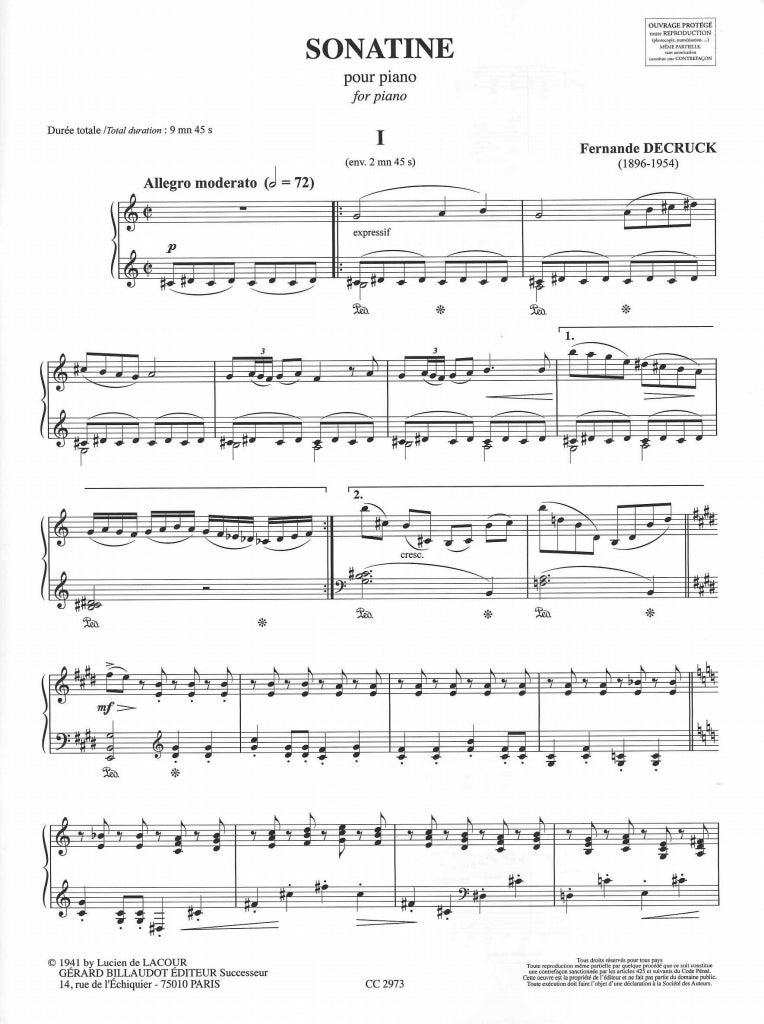 Decruck, Sonatine, pour piano (Billaudot)