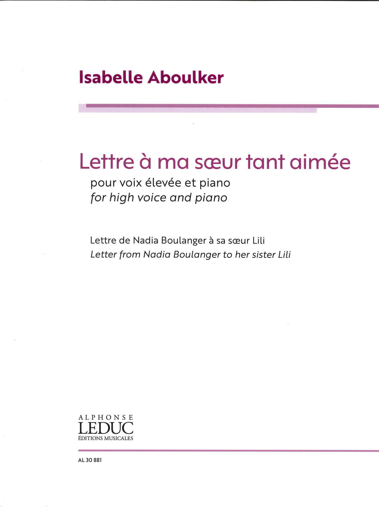 Aboulker, Lettre a ma soeur (High,Pf) (Leduc)