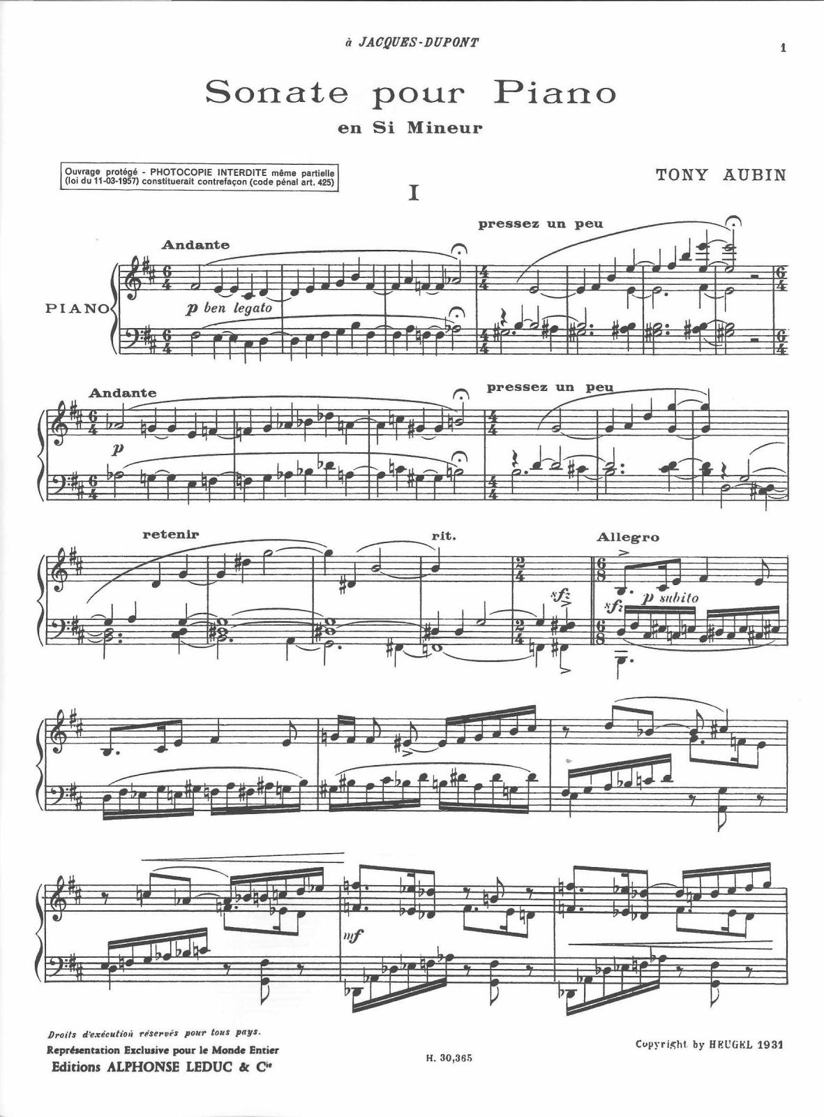 Aubin, Sonate en si mineur (Heugel)