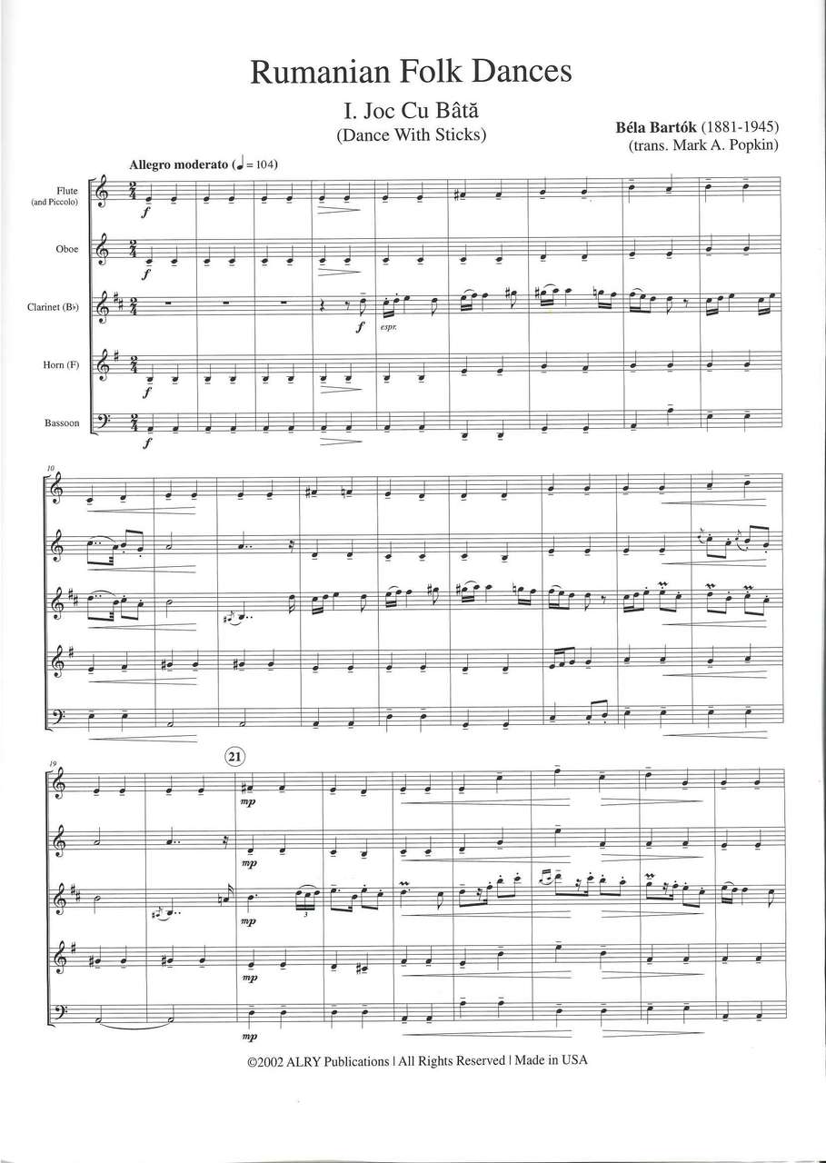 Bartok, Rumanian Folk Dance (Quintet) (Alry Publications)