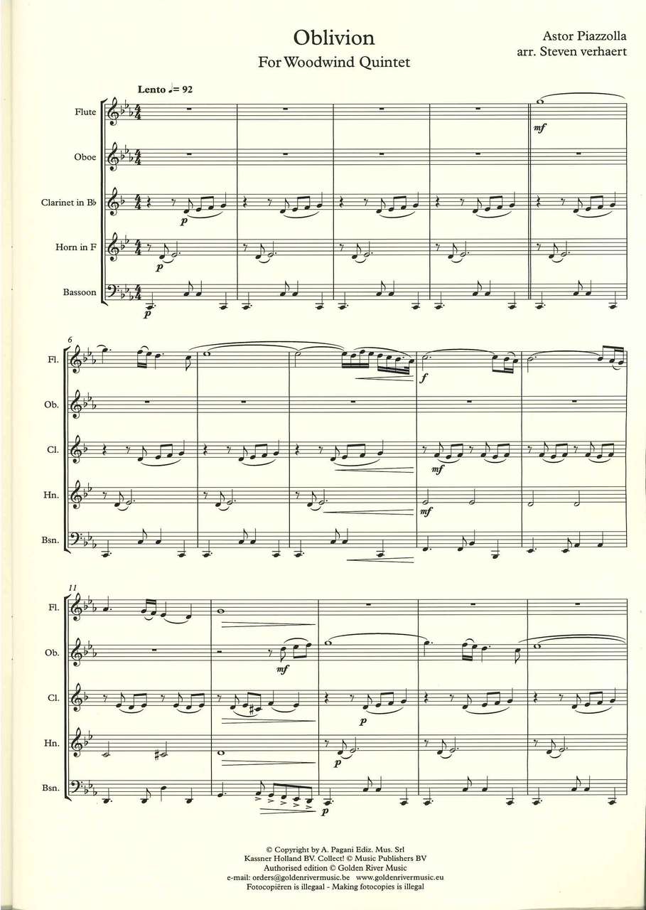 Piazzolla, Oblivion (Quintet) (Golden River Music)