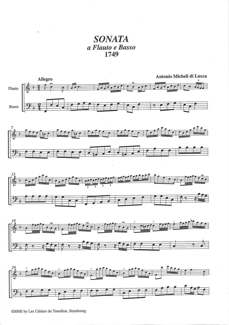 Micheli di Lucca, 3 Sonates (ARec,Bc) (Les Editions du Tourdion)