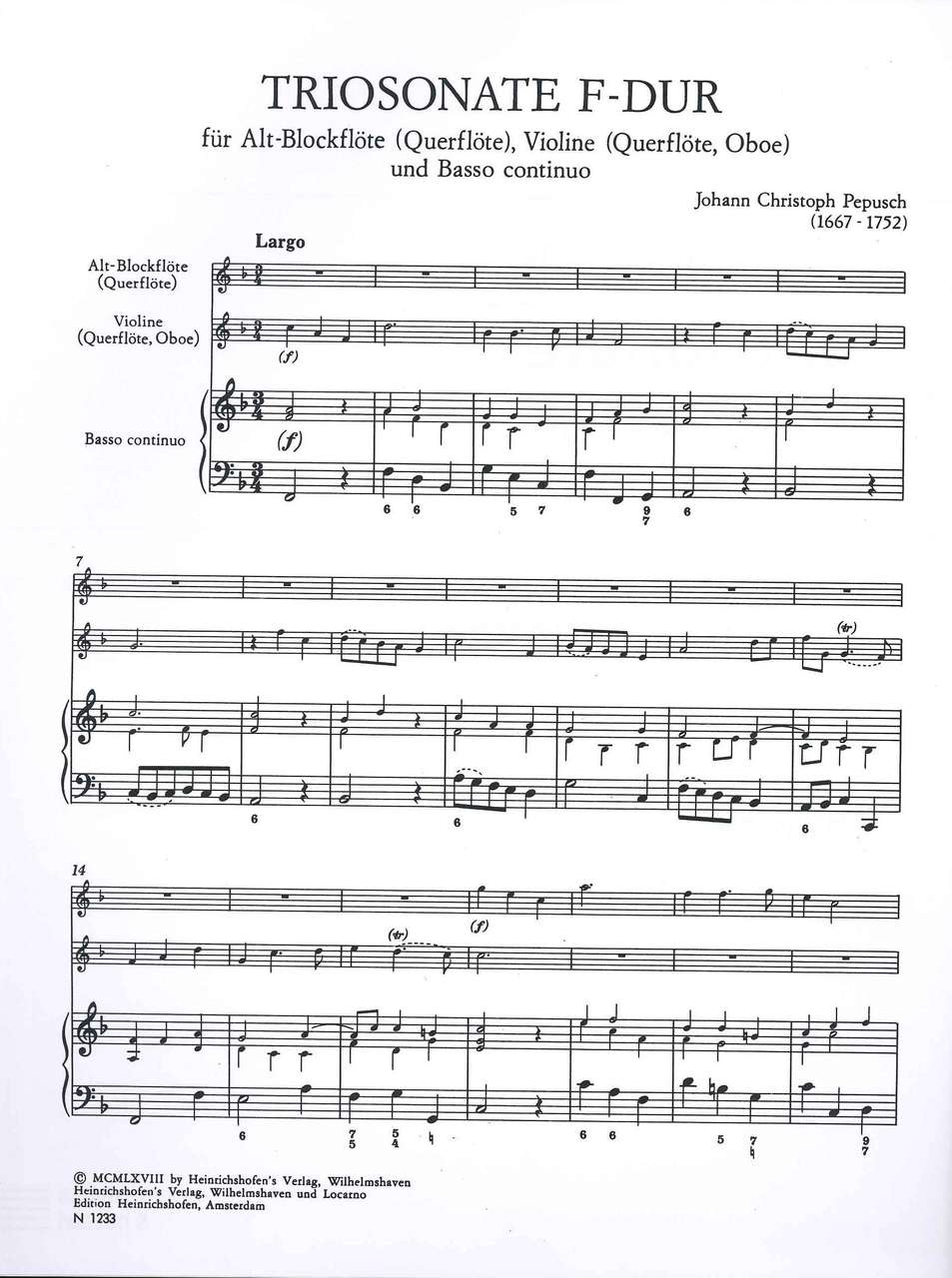 Pepusch, Trio Sonata in F (ARec,Vn,Bc) (Heinrichshofen)