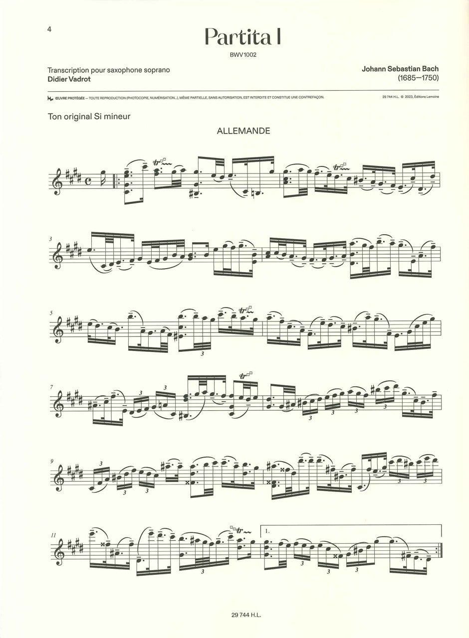 Bach, Partita No. 1 BWV 1002 (SSax Solo) (Lemoine)