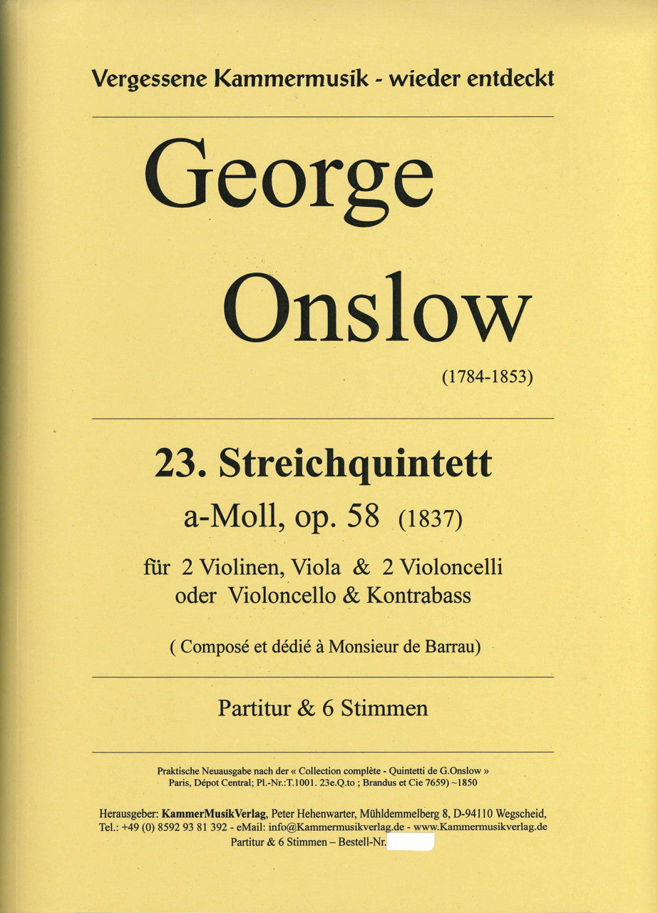 Onslow, Quintett Nr. 23 in a, op. 58 (Kammermusik Verlag)