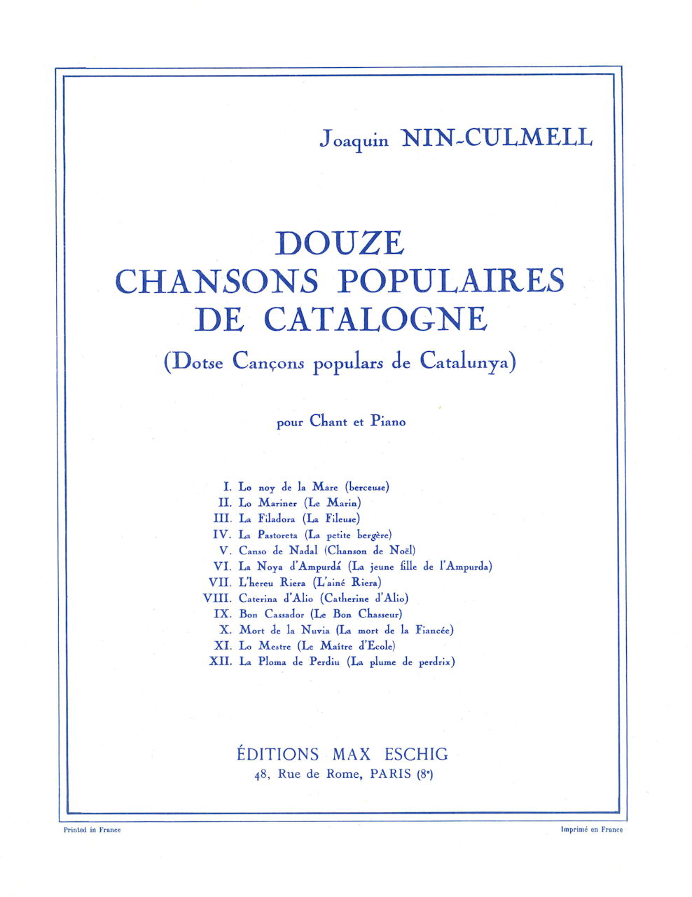 Nin-Culmell, Chansons pop. de Catalogne (Eschig)