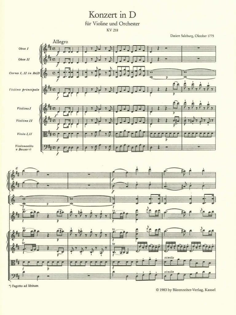 Mozart, Concerto for Violin KV 218 in D (Barenreiter)