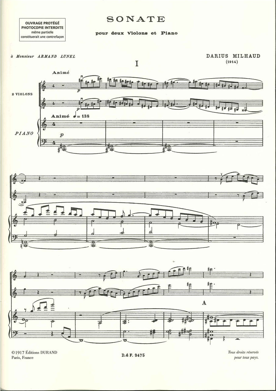 Milhaud, Sonata op. 15 (2Vn,Pf) (Durand)