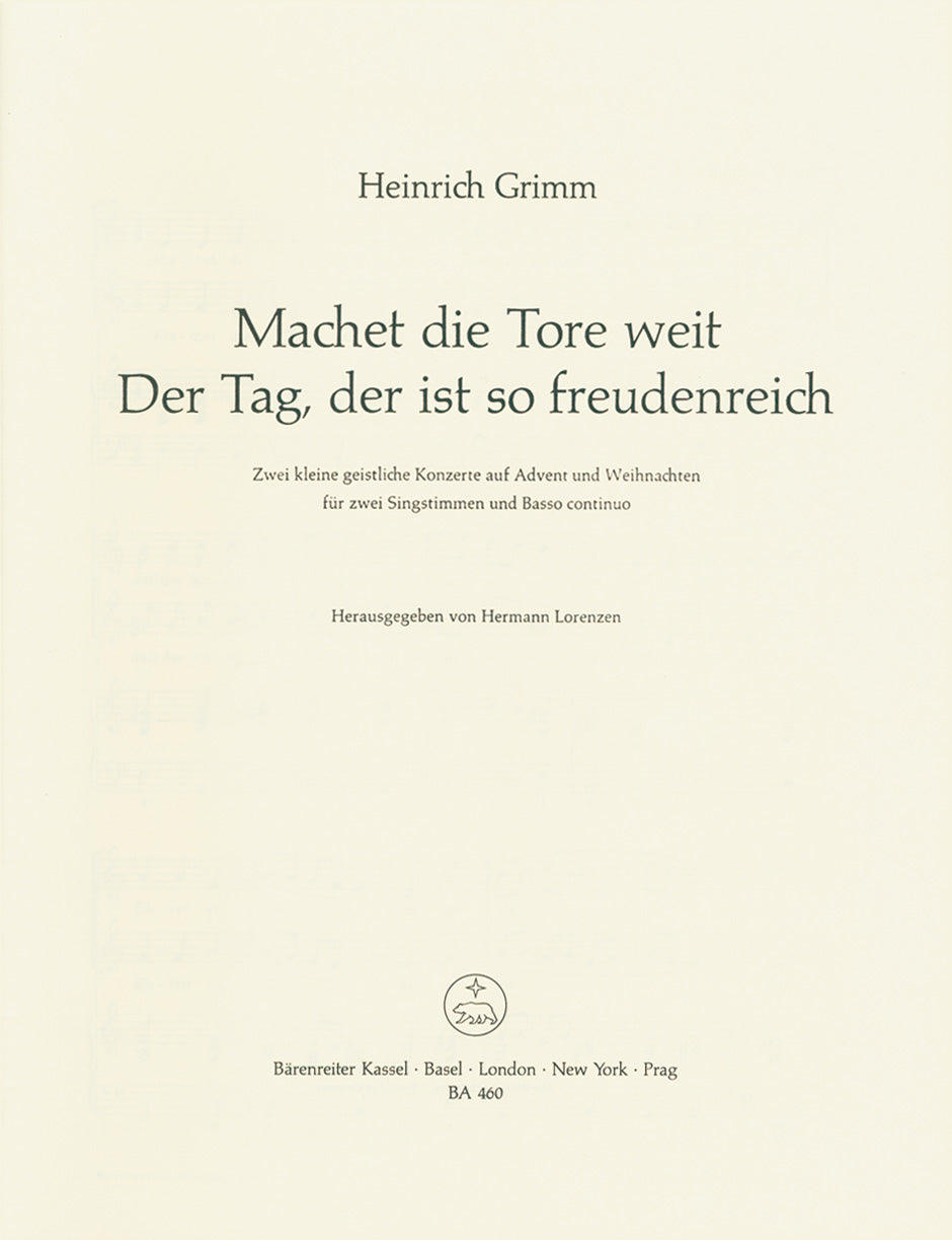 Grimm, Machet die Tore weit; Der Tag (Barenreiter)