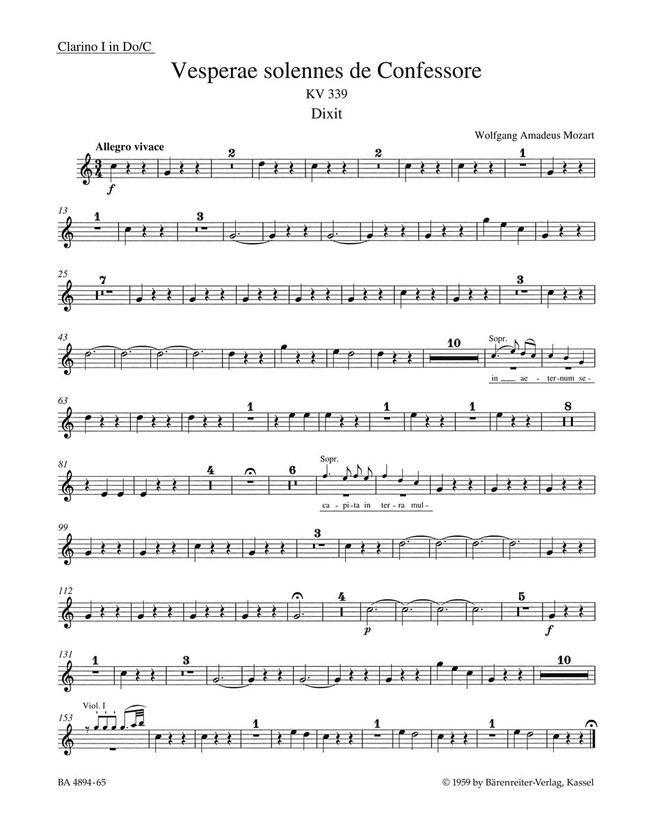 Mozart, Vesperae KV 339 Wind Set (Barenreiter)