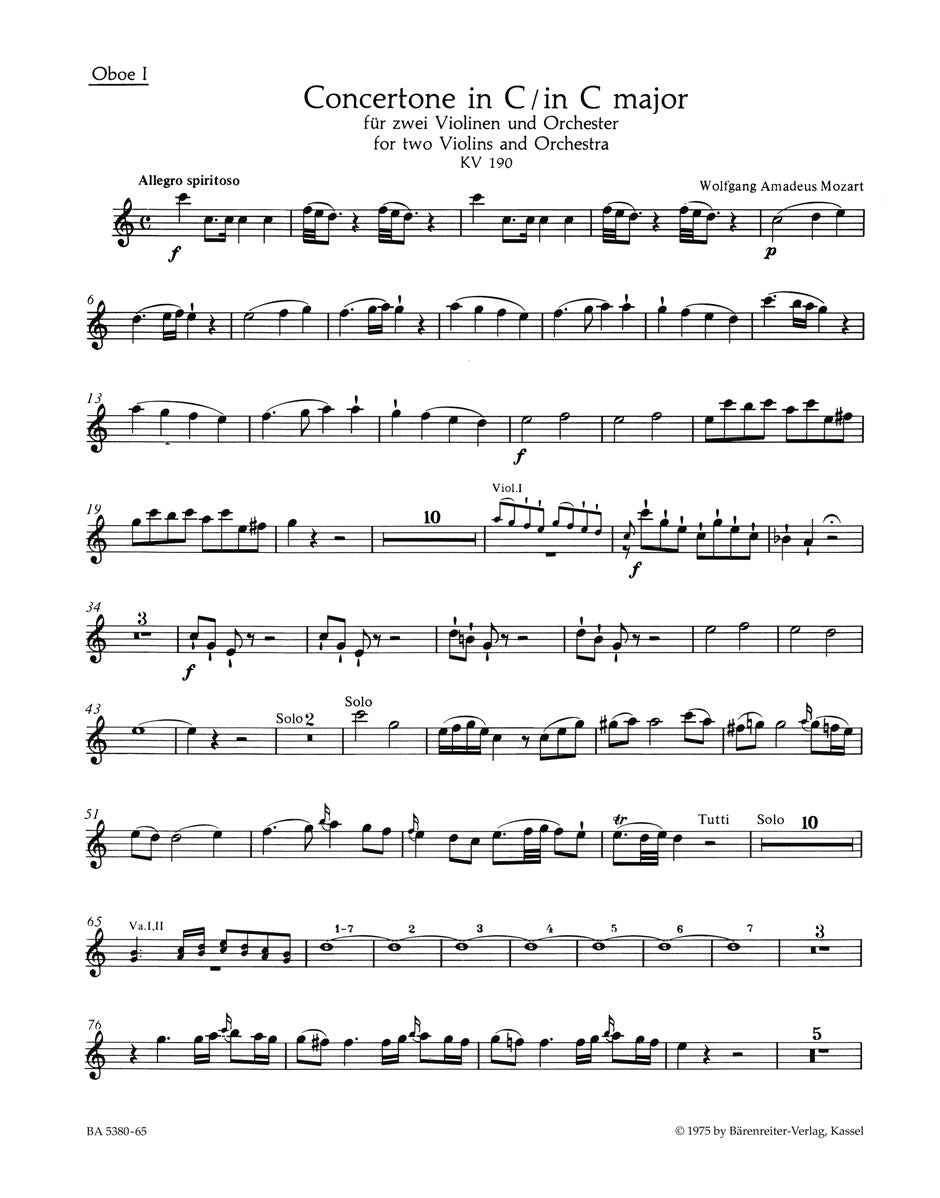 Mozart, Concertone KV 190 in C Wind Set (Barenreiter)