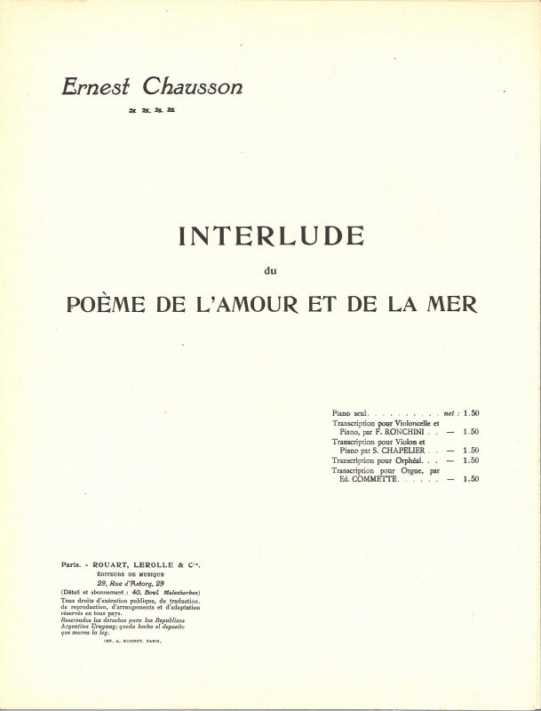 Chausson, Interlude du Poeme de l'amour (Salabert)