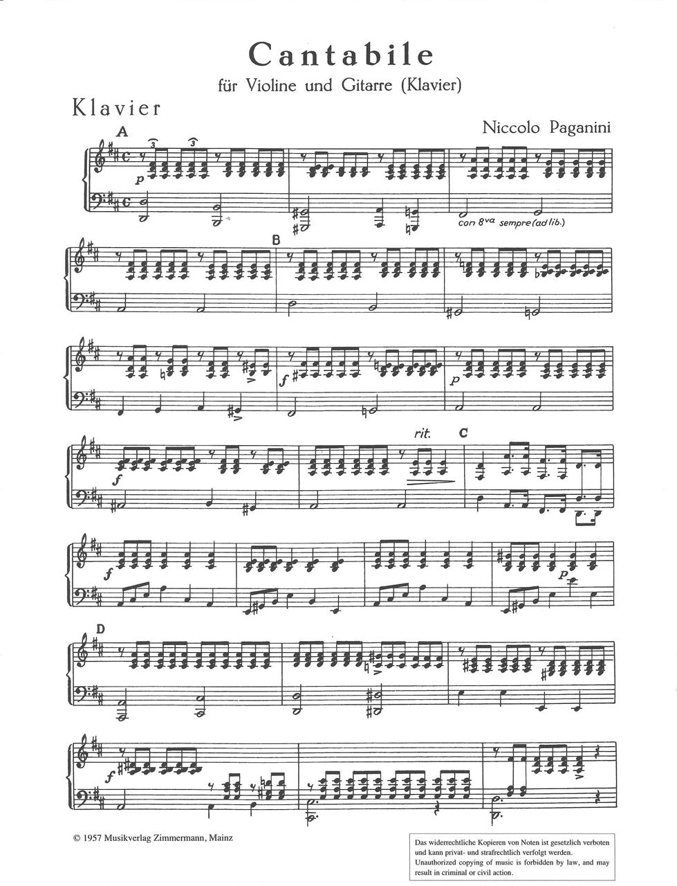Paganini, Cantabile (Vn,Guit/Pf) (Zimmermann)