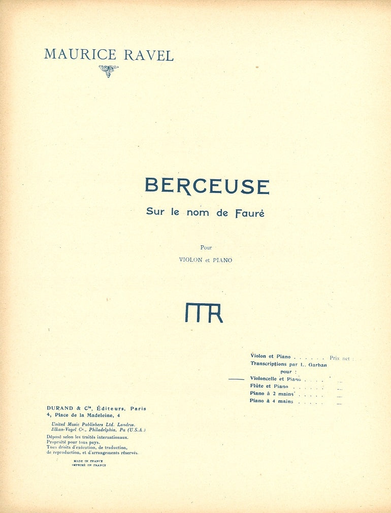 Ravel, Berceuse sur le nom de G. Faure (Durand)