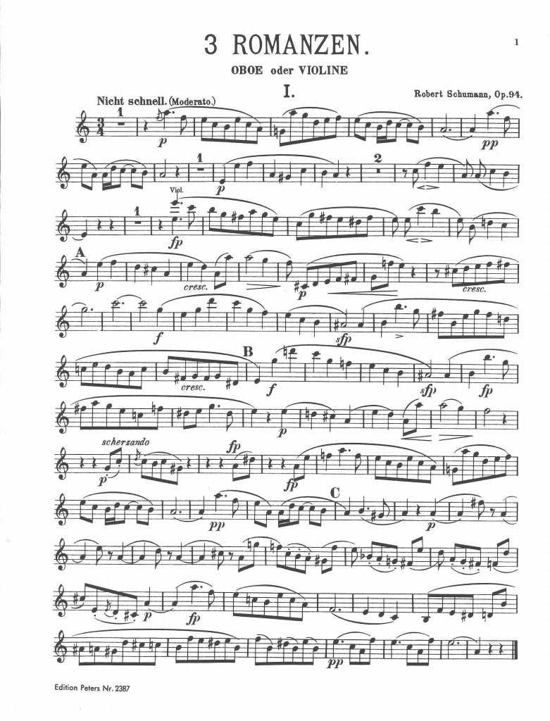 Schumann, 3 Romanzen op.94 (Ob/Cl/Vc,Pf) (Peters)
