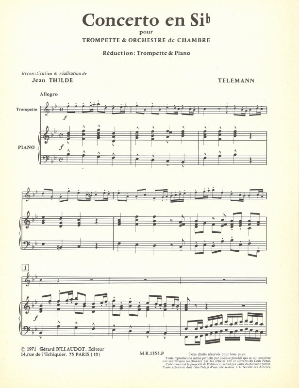 Telemann, Concerto in Bb (Thilde) (Billaudot)