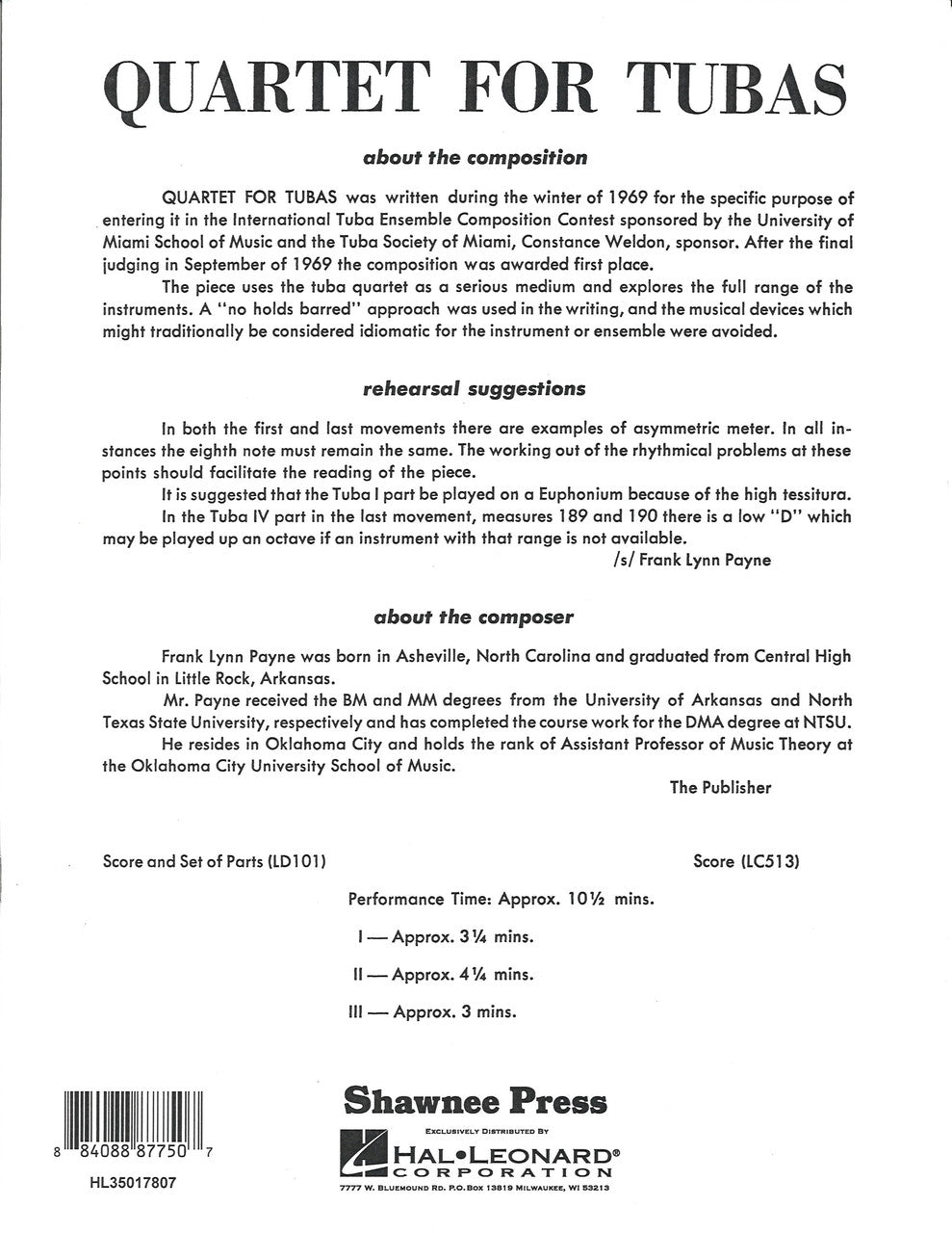Payne, Quartet for Tubas (Score) (Shawnee Press)