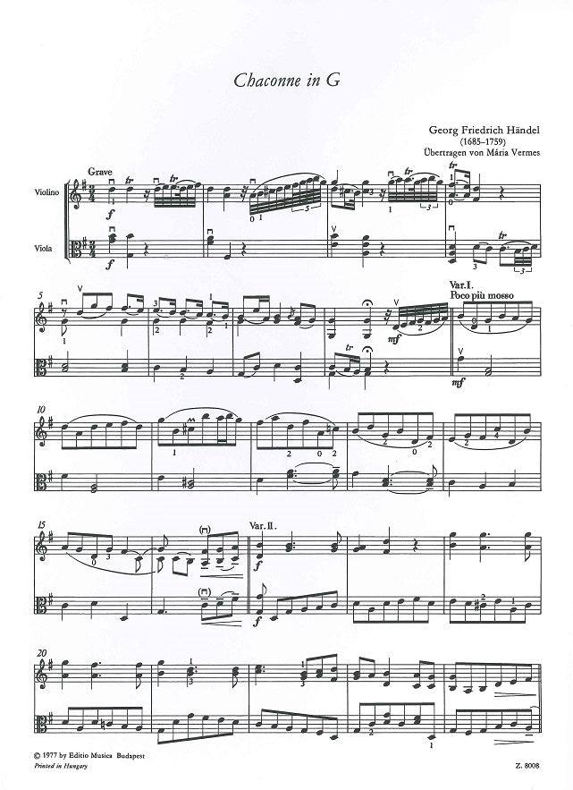 Handel, Chaconne in G (Vermes) (Editio Musica Budapest)