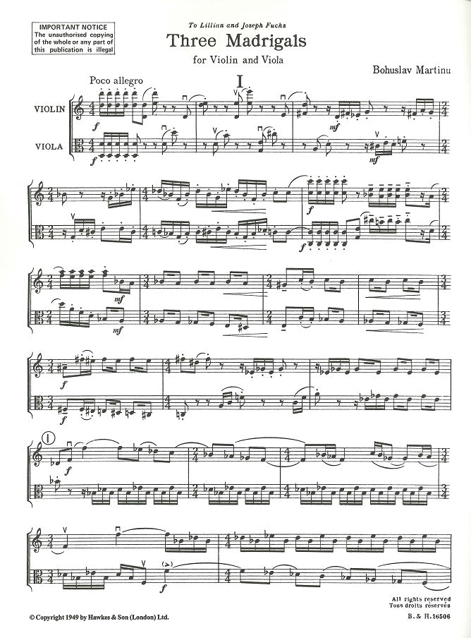 Martinu, 3 Madrigals for Violin & Viola (Boosey)