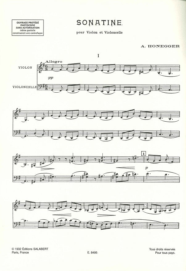 Honegger, Sonatine (1932) (Vn,Vc) (Salabert)