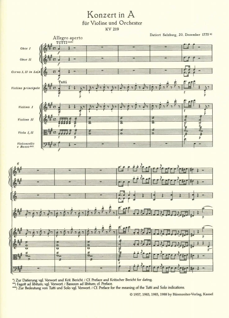 Mozart, Concerto for Violin KV 219 in A (Barenreiter)