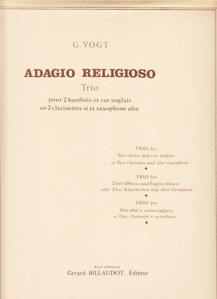 Vogt, Adagio religioso: Trio (Billaudot)