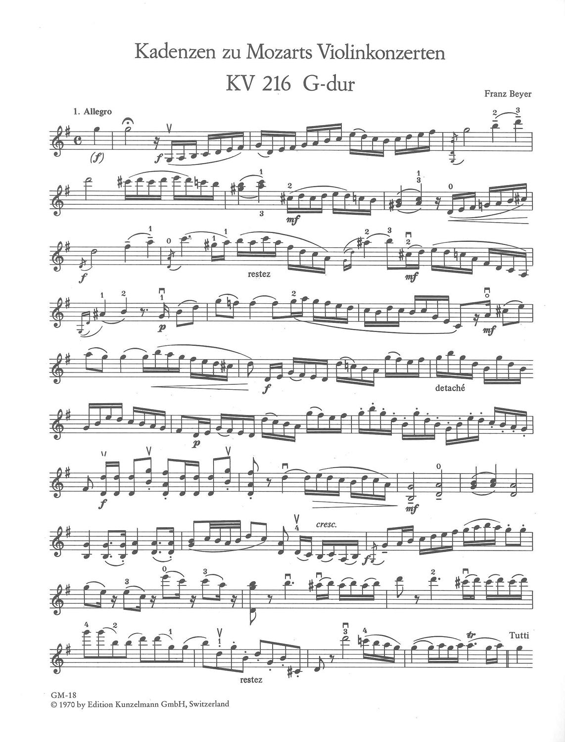 Mozart/Beyer, Kadenzen zu Konzerten (Kunzelmann)