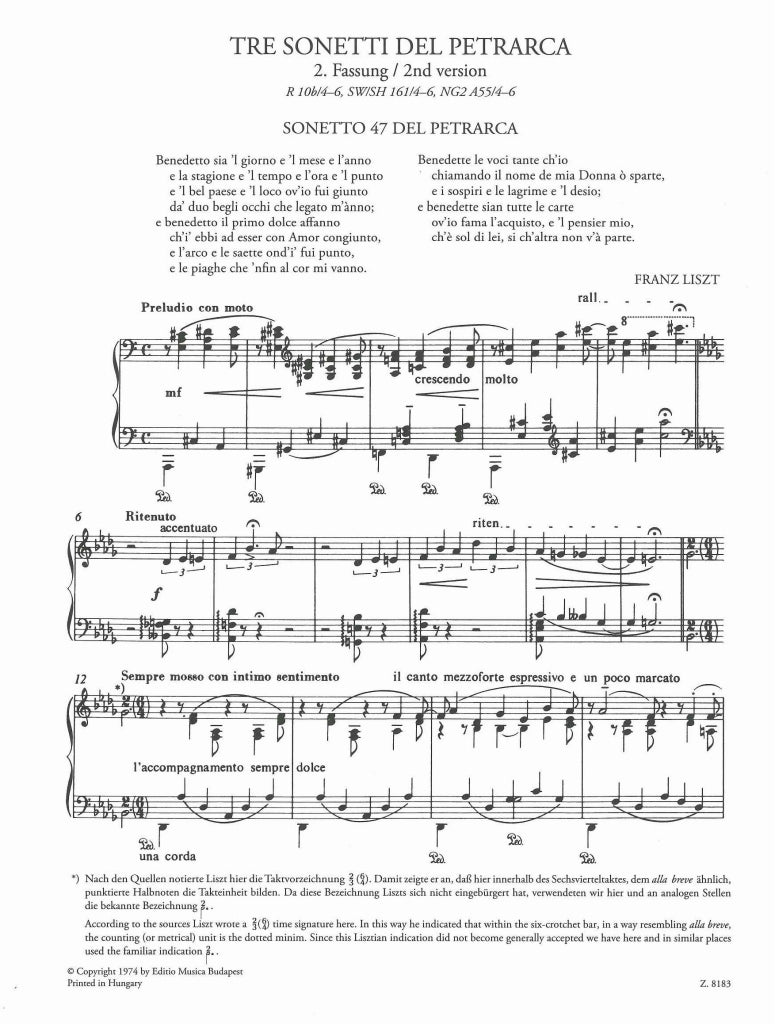Liszt, 3 Sonetti di Petrarca, 2 vers. (Editio Musica Budapest)