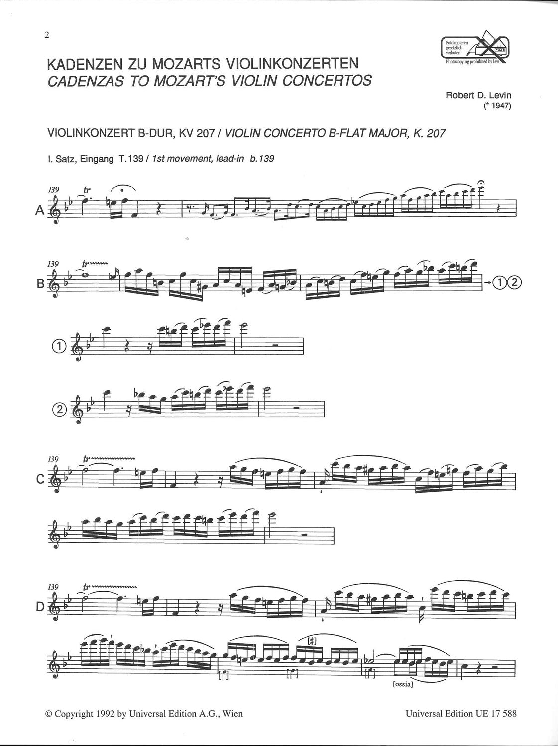 Mozart/Levin, Kadenzen zu Konzerten (Universal)