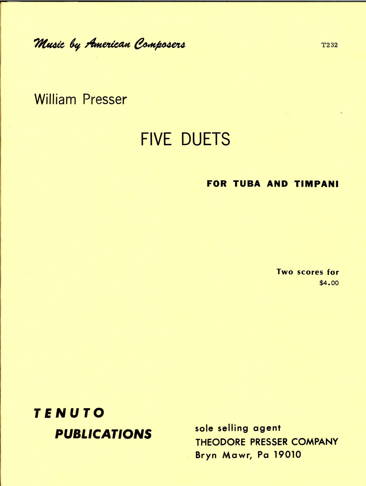 Presser, 5 Duets for Tuba & Timpani (Presser)