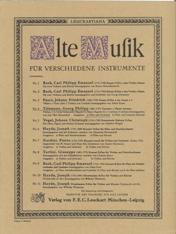 Telemann, Concerto for Flute in D Score (Leuckart)